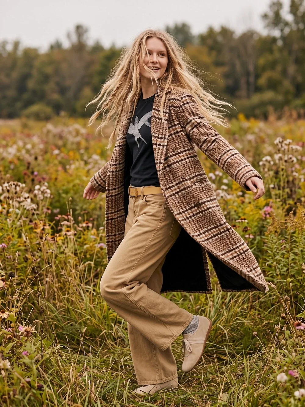 Free People Grunge Preppy Adore You Plaid Longline Wool Coat Brown Medium